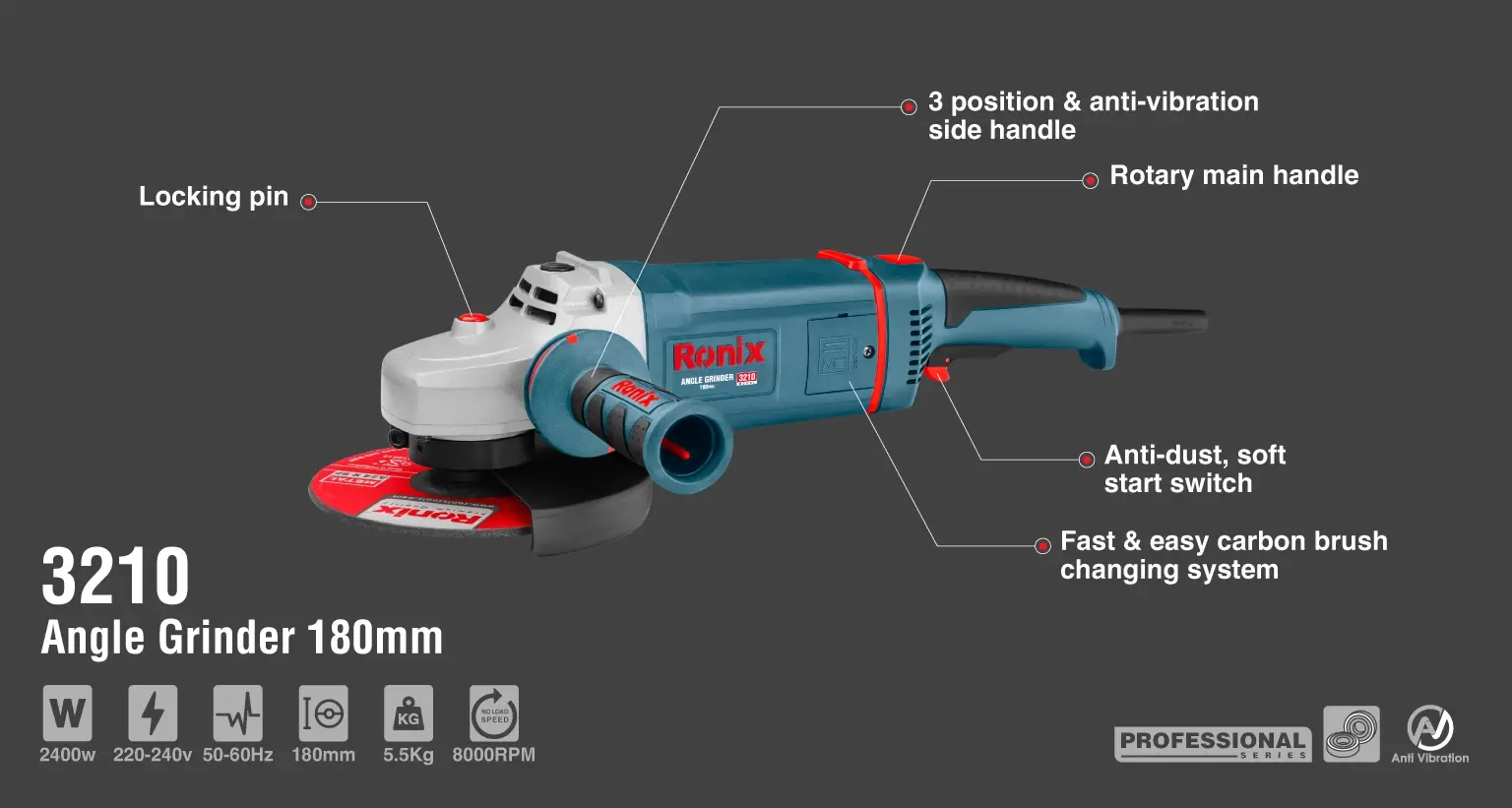 Angle Grinder 2400W-180mm-5.5kg