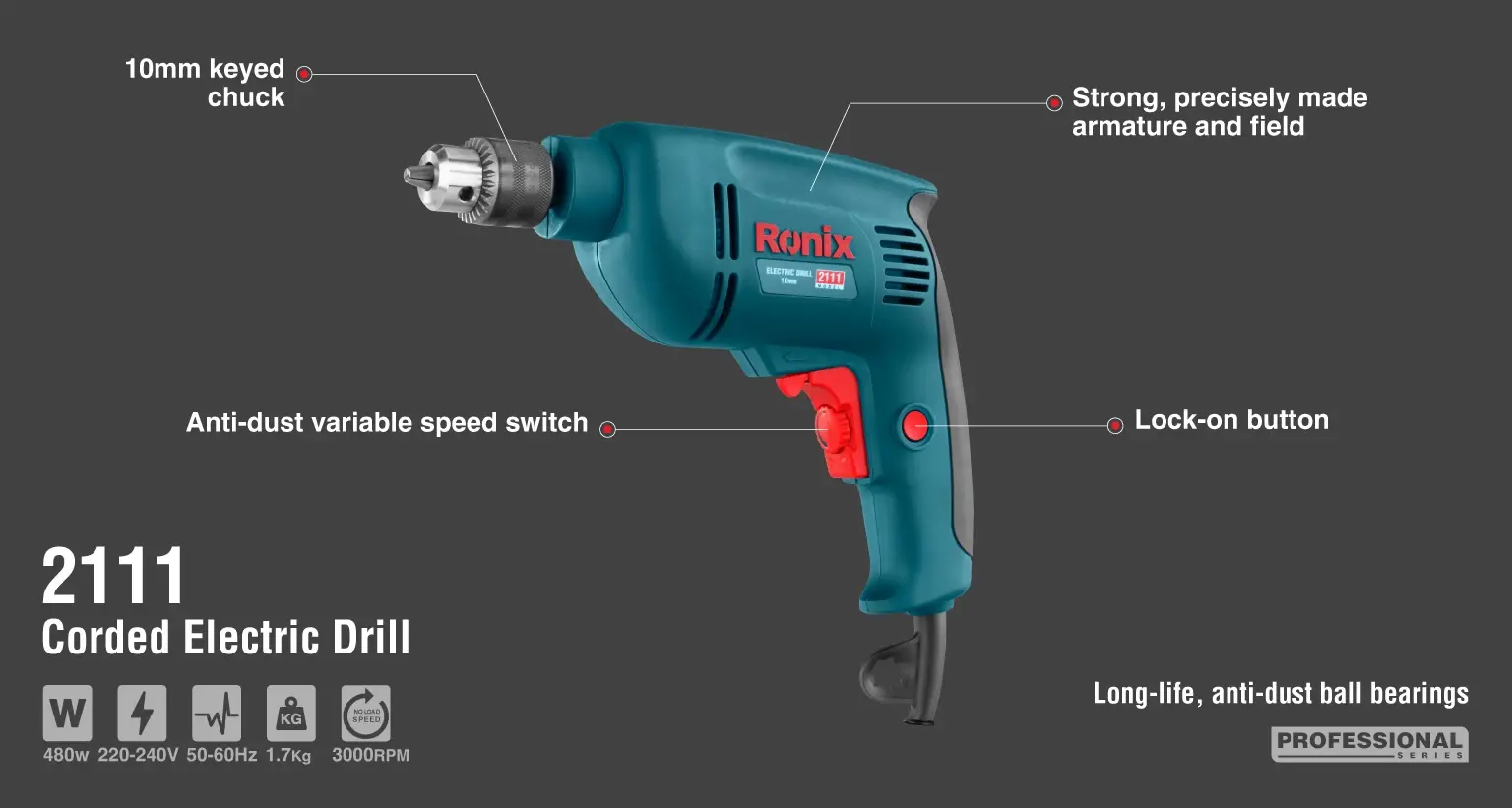 Electric Drill 480W-10mm-Keyed