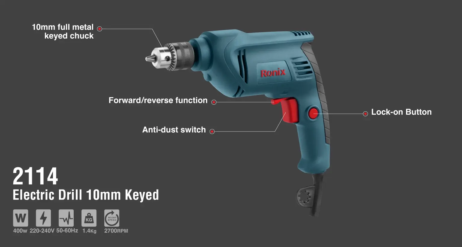 Electric Drill 400W-10mm-Keyed