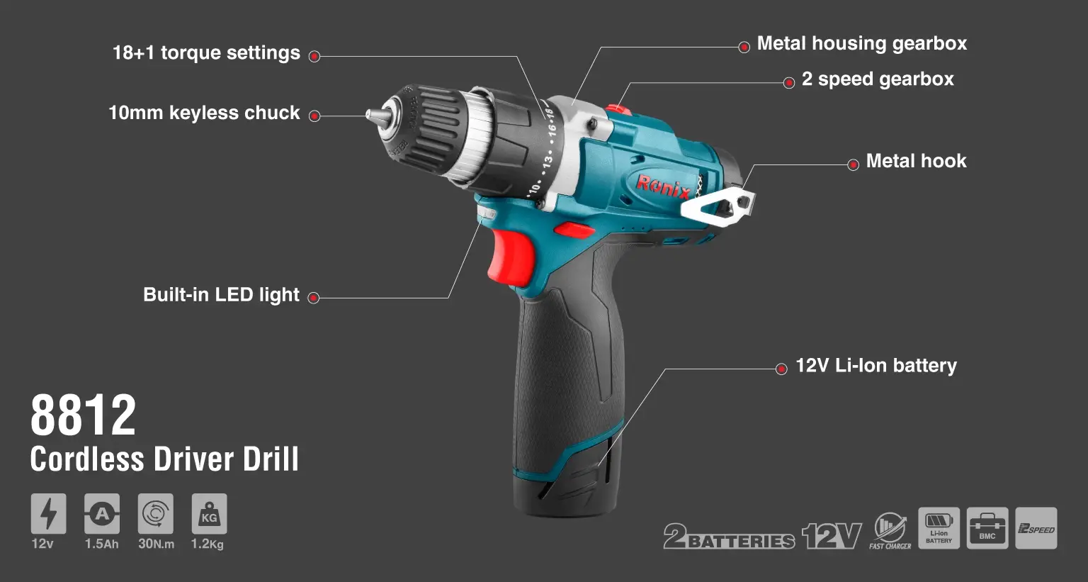 12V Cordless Drill Driver 10mm- 30N.m-Tesla Series