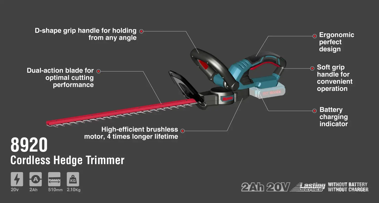 20V Brushless Cordless Hedge Trimmer 450mm