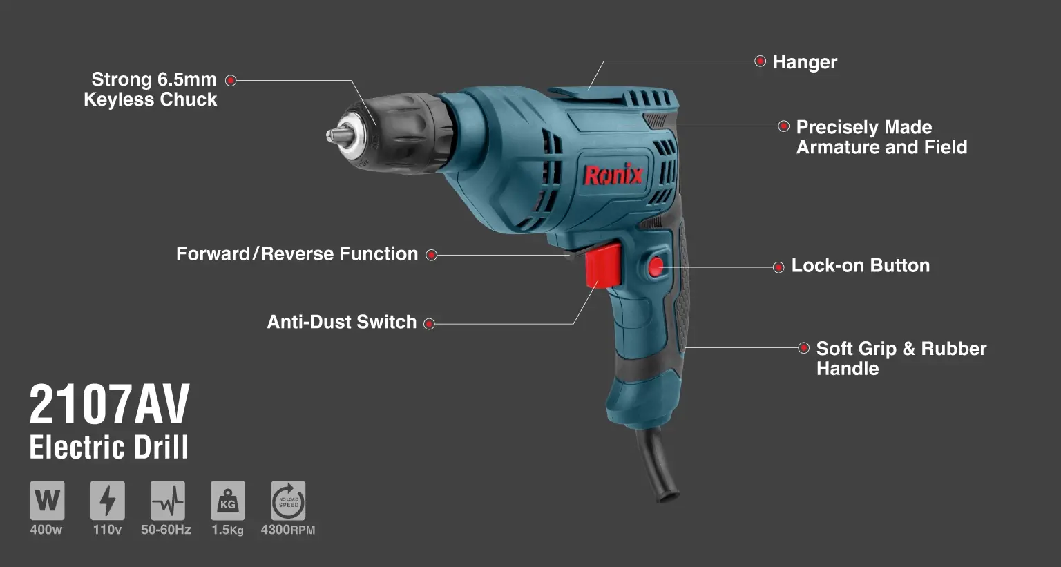 Electric drill 400W-6.5mm-keyless-110V
