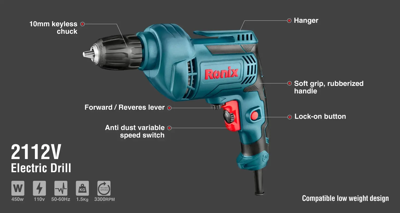 Electric Drill 450W-10mm-keyed-110V