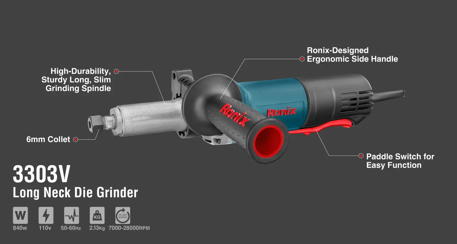 Long Neck Die Grinder 840W-6mm-110V