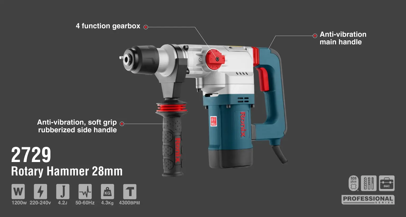 Rotary hammer 1200w-28mm