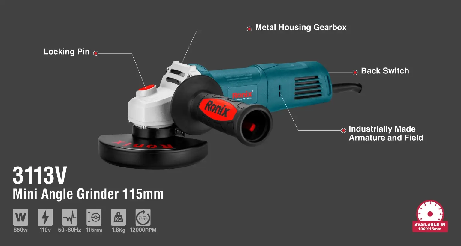 Mini Angle Grinder 115/100mm 850W-110V