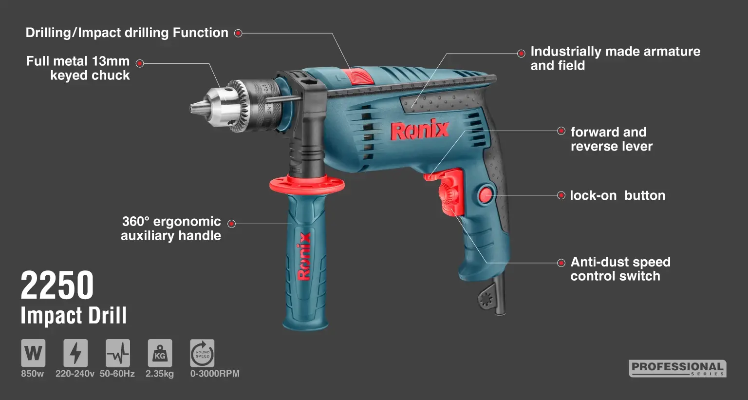 Electric Impact Drill-850W-13mm-keyed