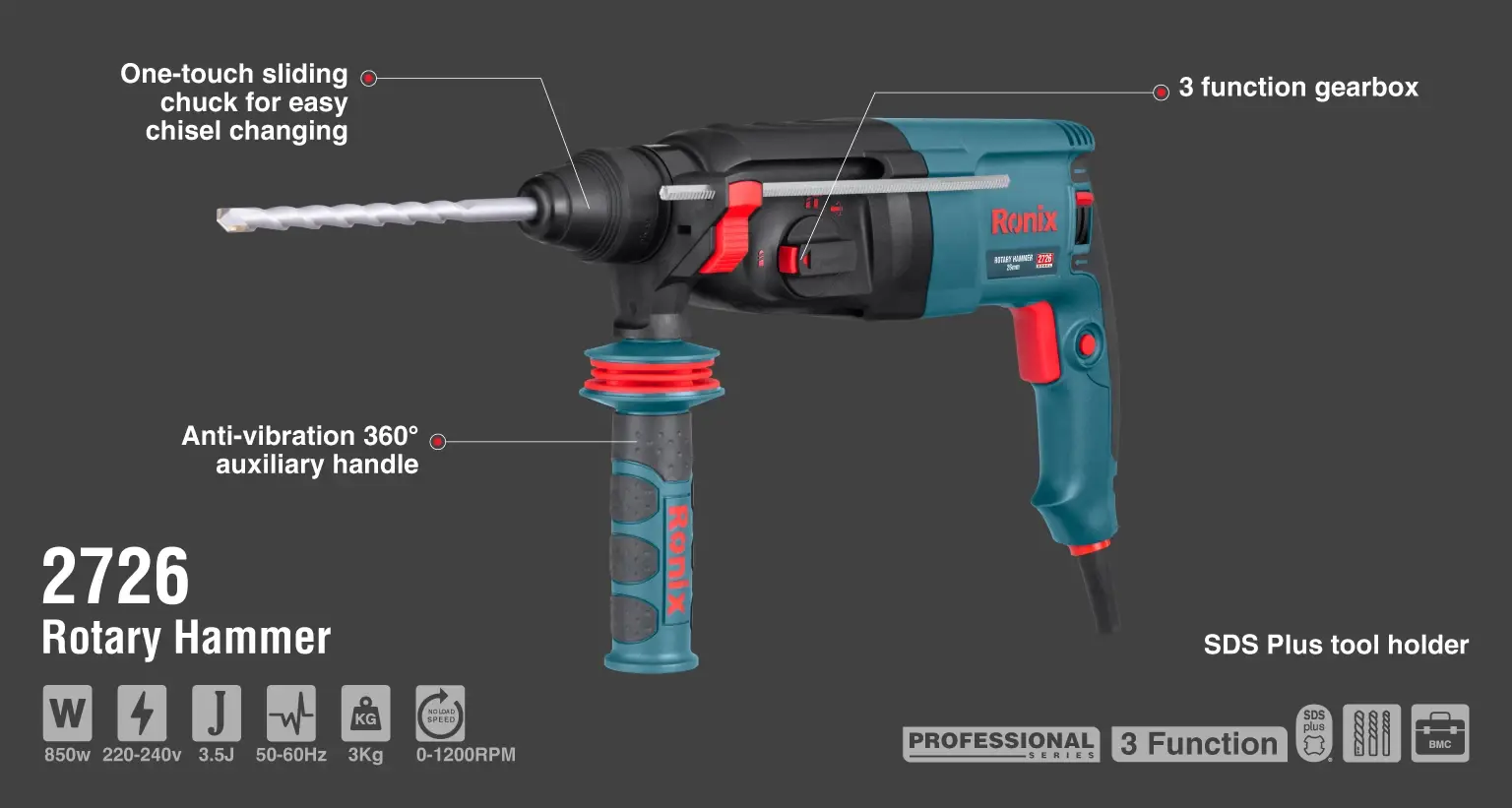 Rotary Hammer 850W-26mm-4000 BPM