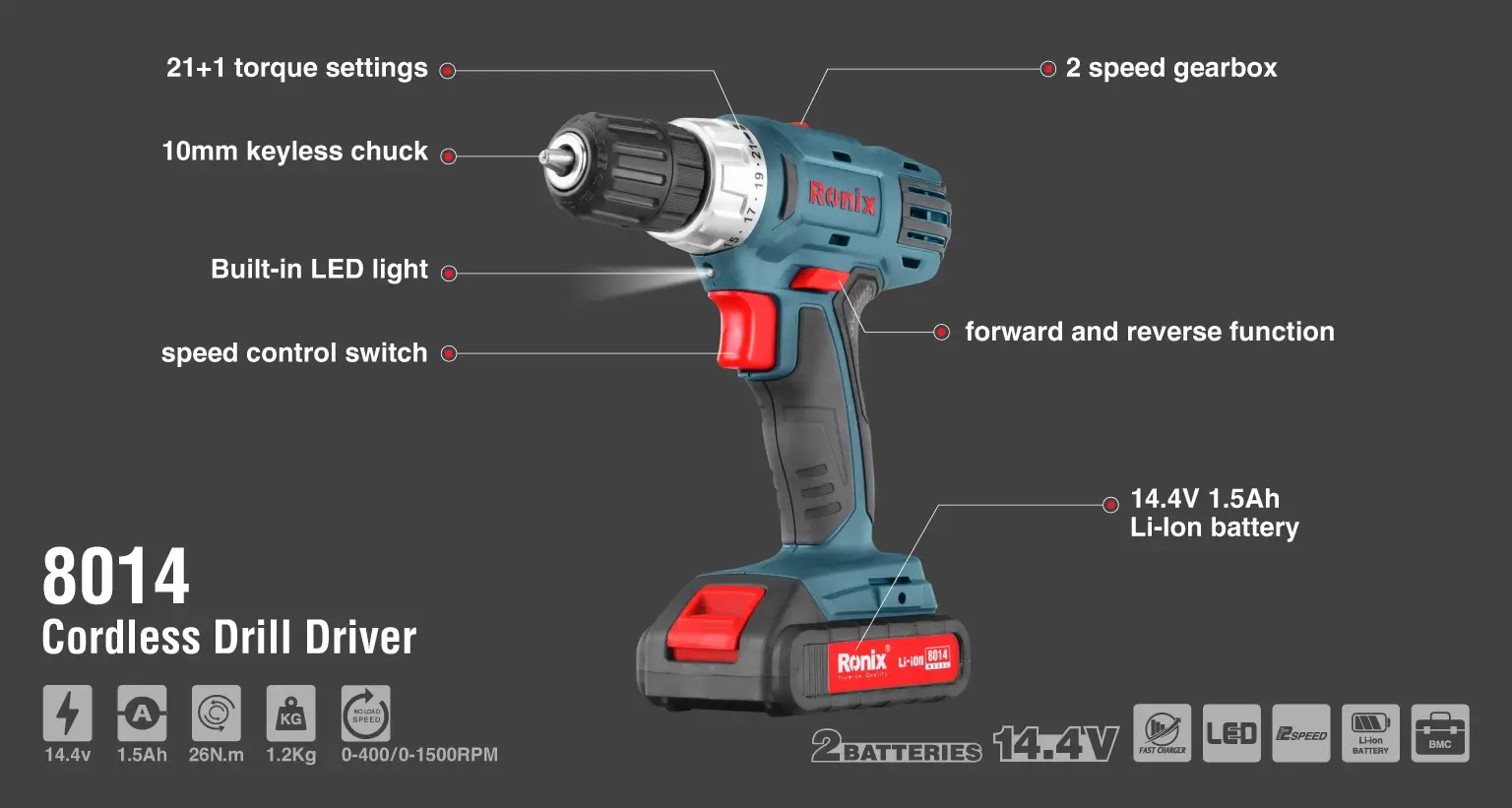 Cordless Impact Drill, 14.4V, Li-ion