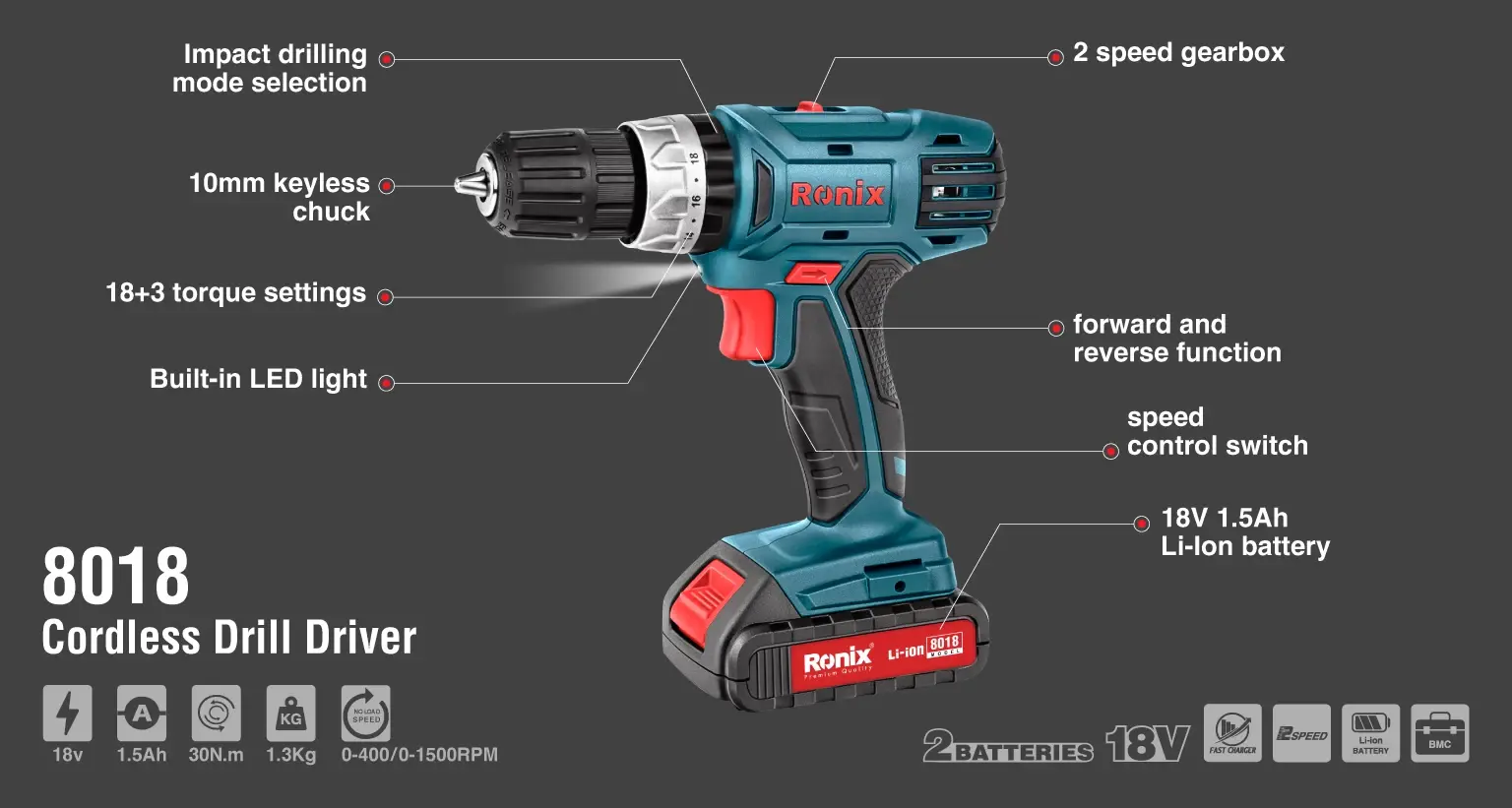 Cordless Drill Driver, 18V, 30N.M-Mega Series