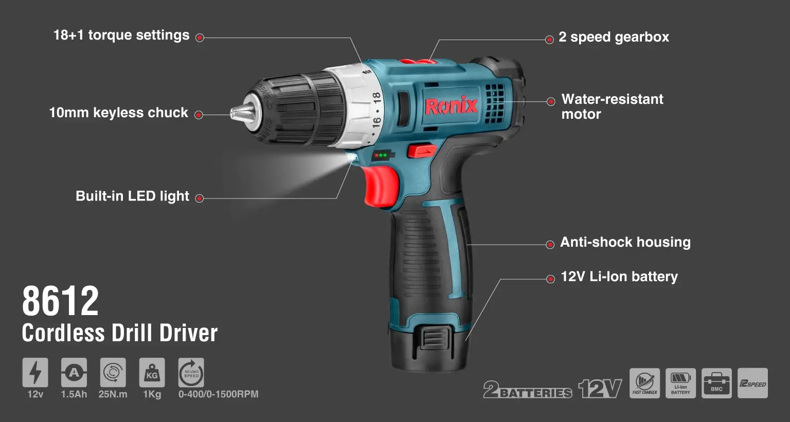 12V Cordless Drill Driver 10mm-25N.m
