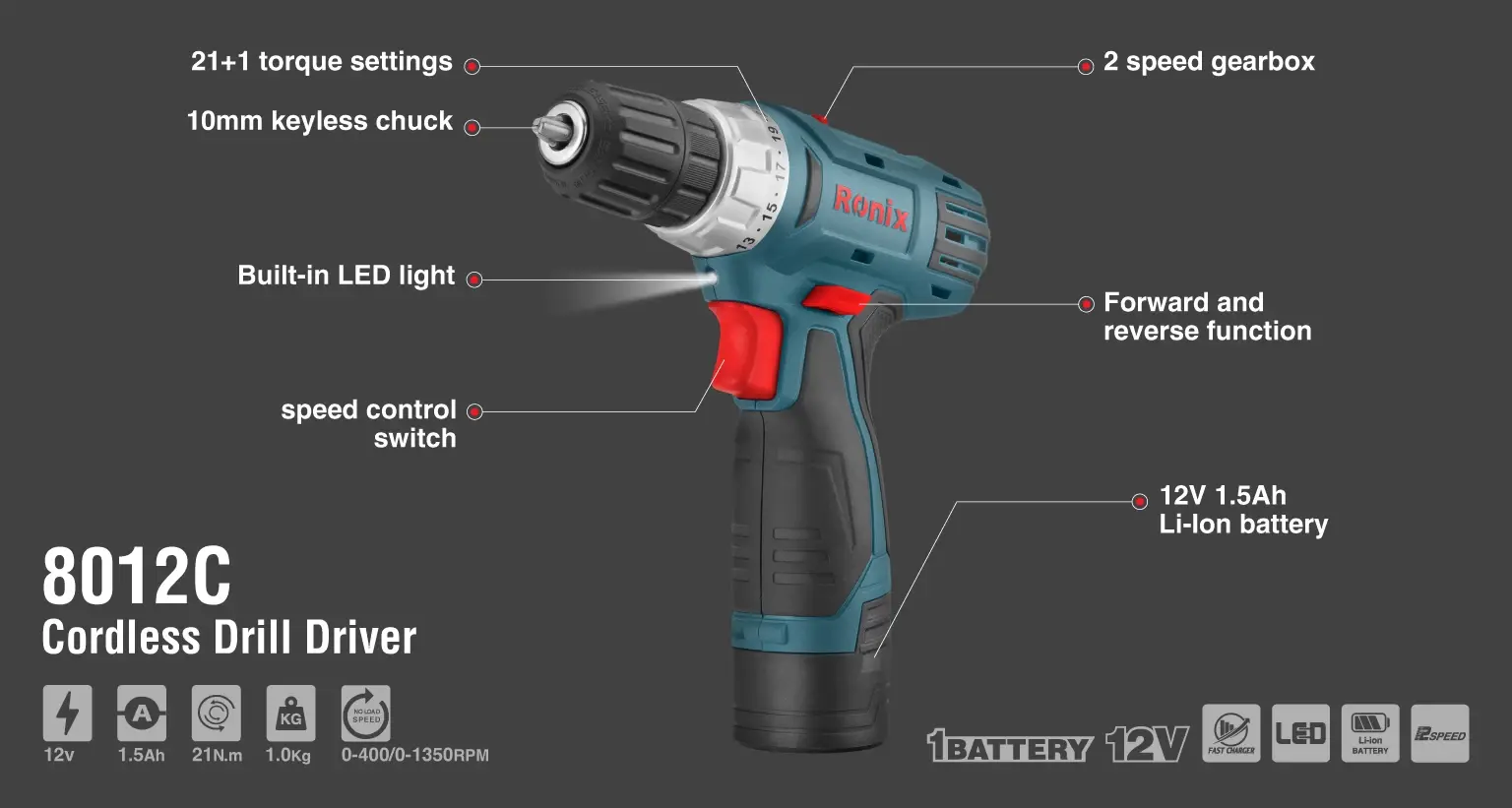 12V Cordless Drill Driver 10mm-21N.m-Mega Series-1battery