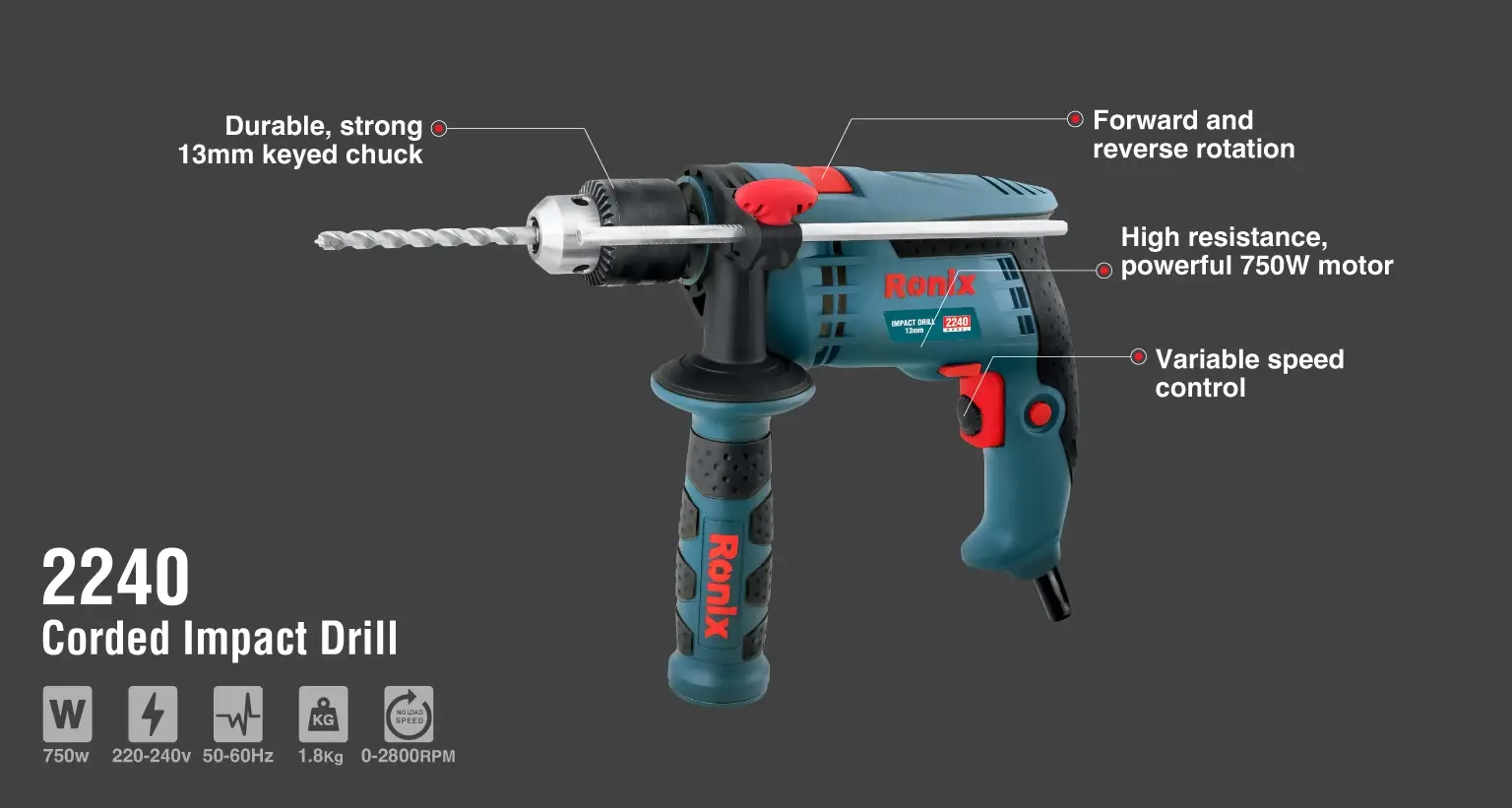 Corded Impact Drill 13mm 750W