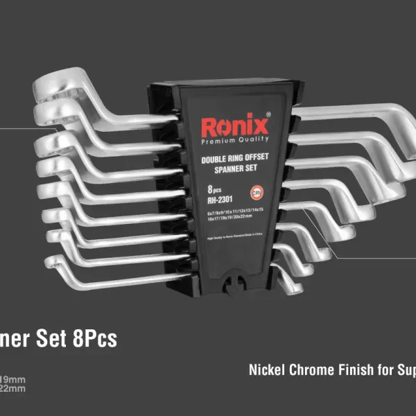 Double Ring offset Spanner set (8pcs) with plastic Rack