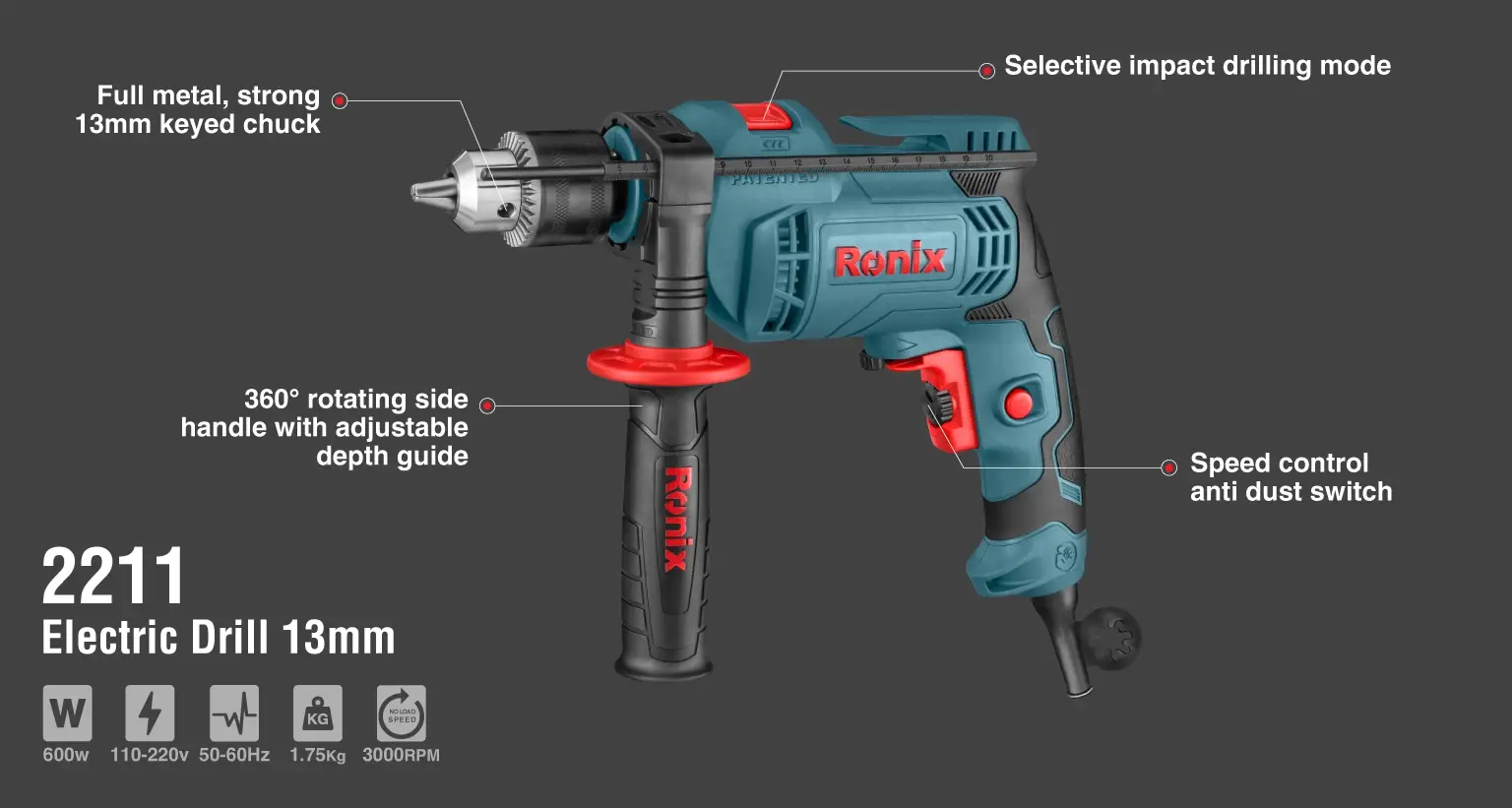 Electric Impact Drill-600W-13mm-Keyed-3000 RPM