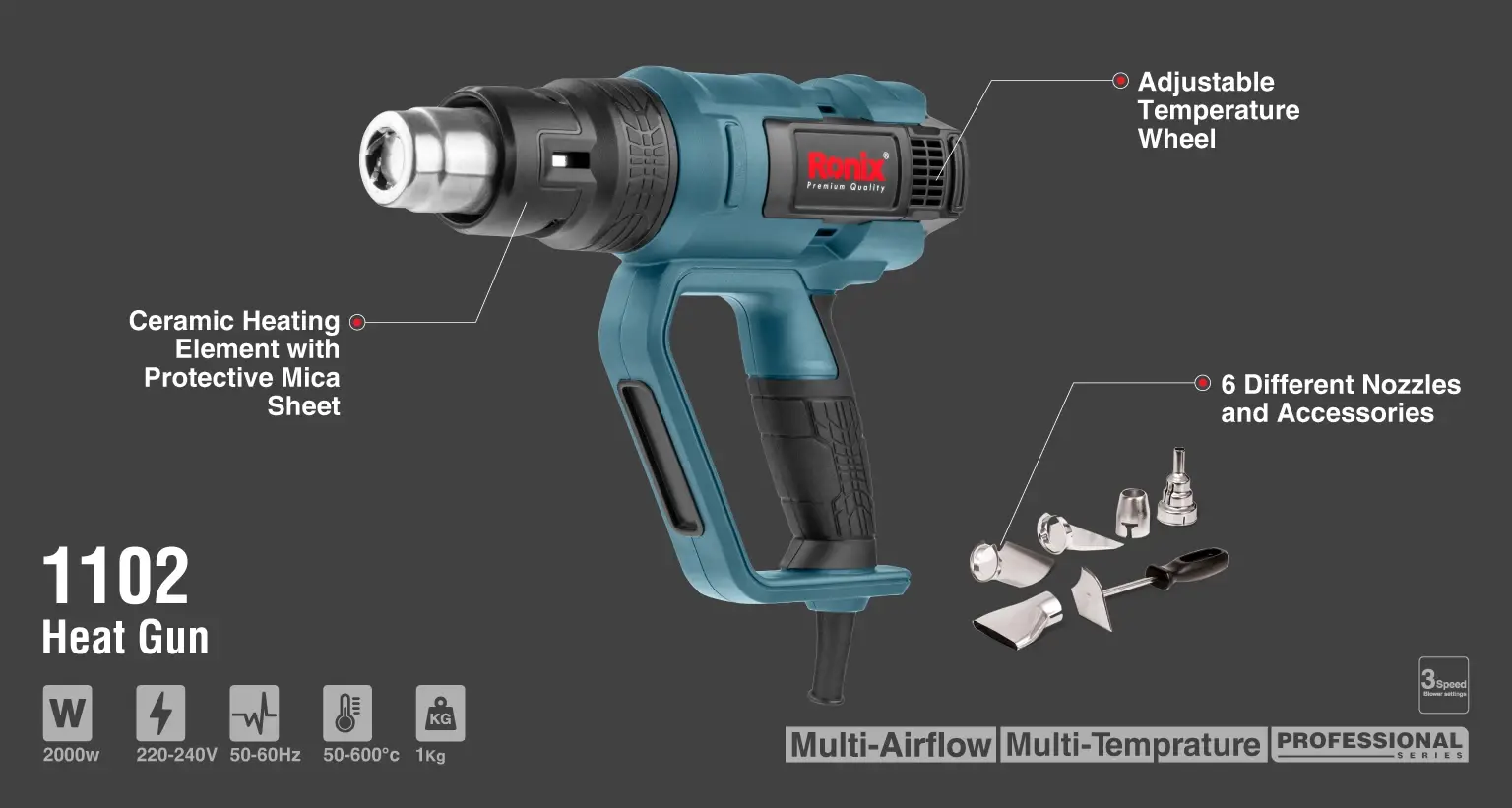 Electric Heat Gun 2000W-3 Nozzles