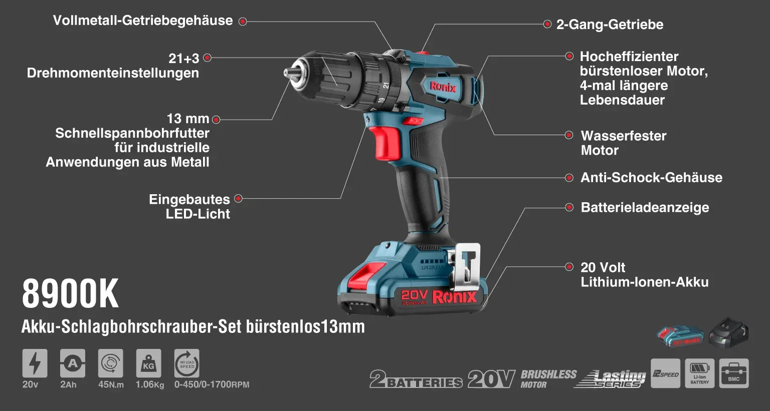 20V Brushless impact Drill kit 13mm-45N.m