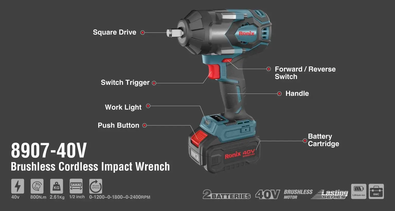 40V Brushless Cordless impact wrench kit 1/2 inch 800N m